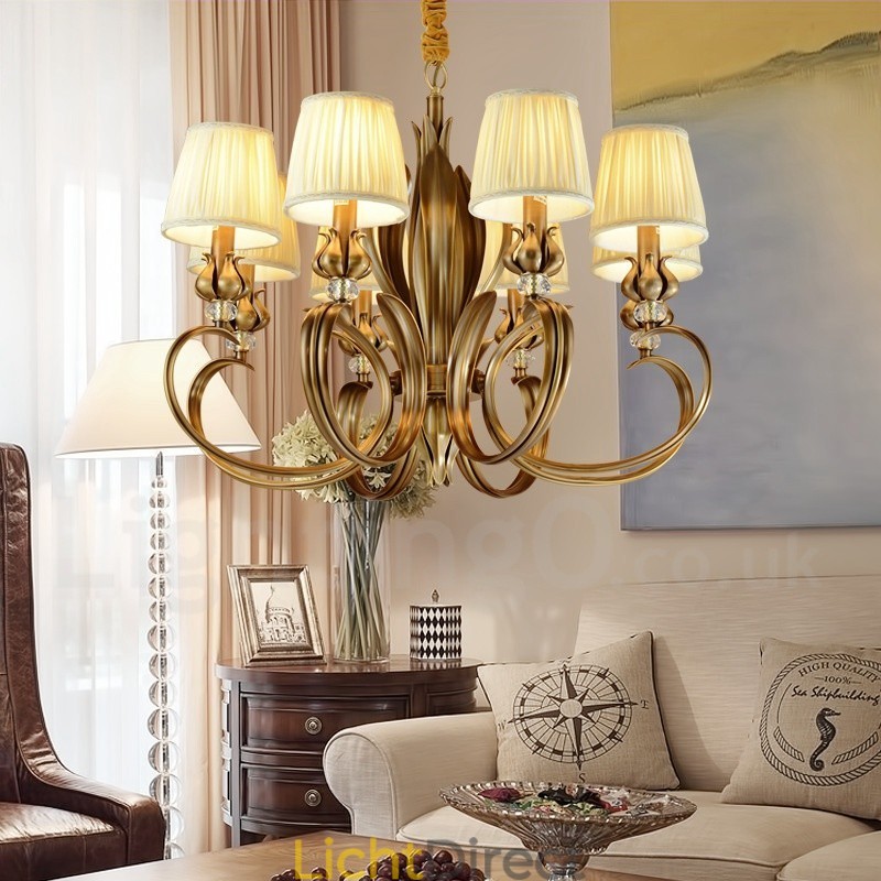 8-lichts retro rustieke luxe messing hanglamp kroonluchter met stoffen kap