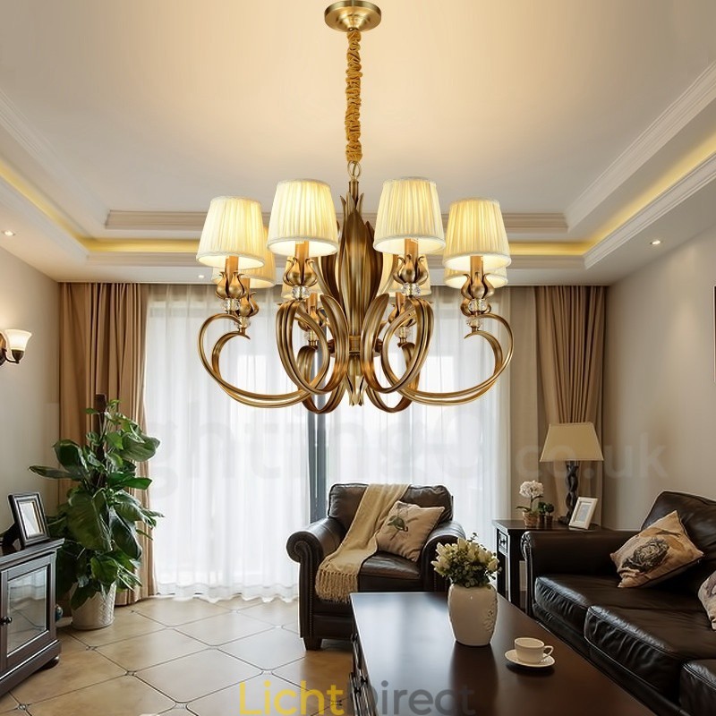 8-lichts retro rustieke luxe messing hanglamp kroonluchter met stoffen kap