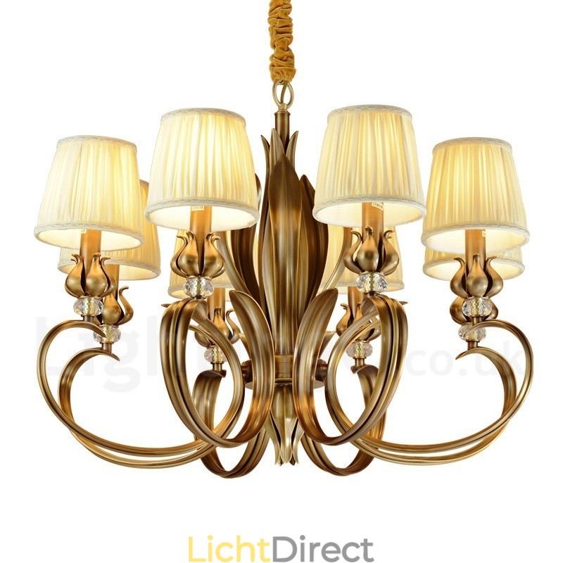 8-lichts retro rustieke luxe messing hanglamp kroonluchter met stoffen kap