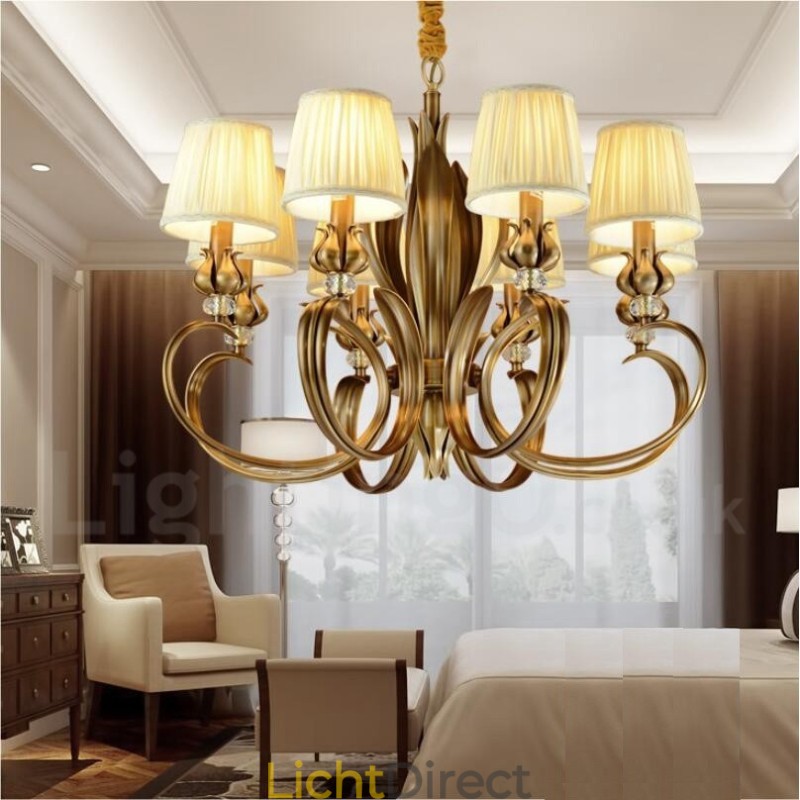 8-lichts retro rustieke luxe messing hanglamp kroonluchter met stoffen kap