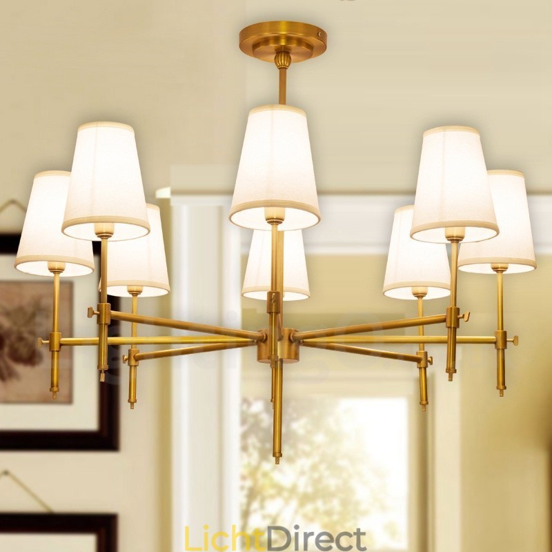 8-lichts retro rustieke luxe messing hanglamp kroonluchter met stoffen kap