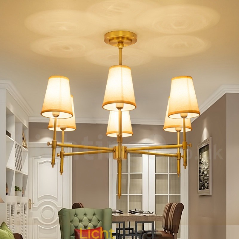 6-lichts retro rustieke luxe messing hanglamp kroonluchter met stoffen kap