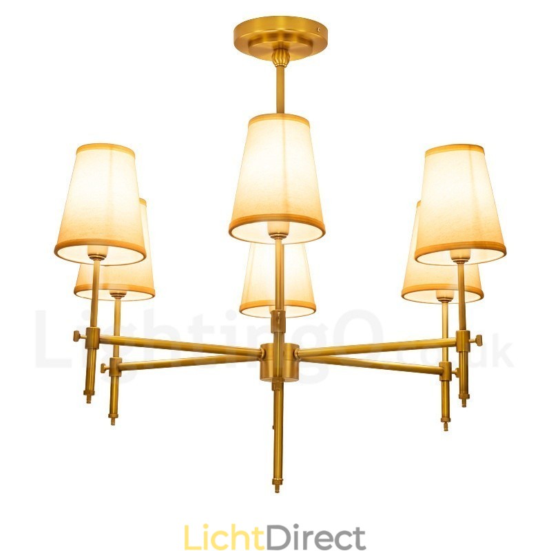 6-lichts retro rustieke luxe messing hanglamp kroonluchter met stoffen kap