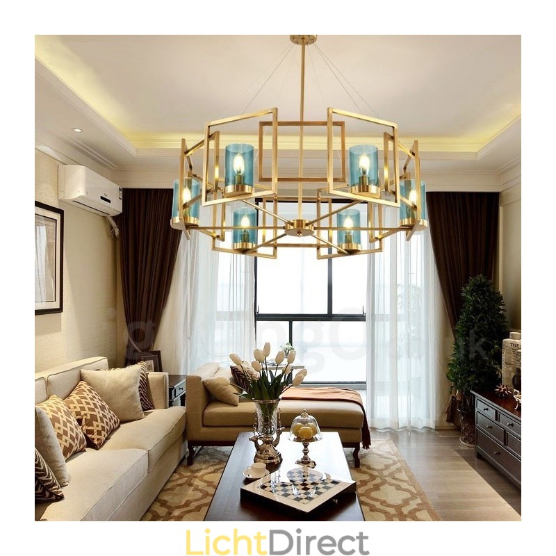 6-lichts retro rustieke luxe messing hanglamp kroonluchter met glazen kap