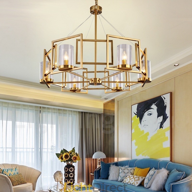 6-lichts retro rustieke luxe messing hanglamp kroonluchter met glazen kap