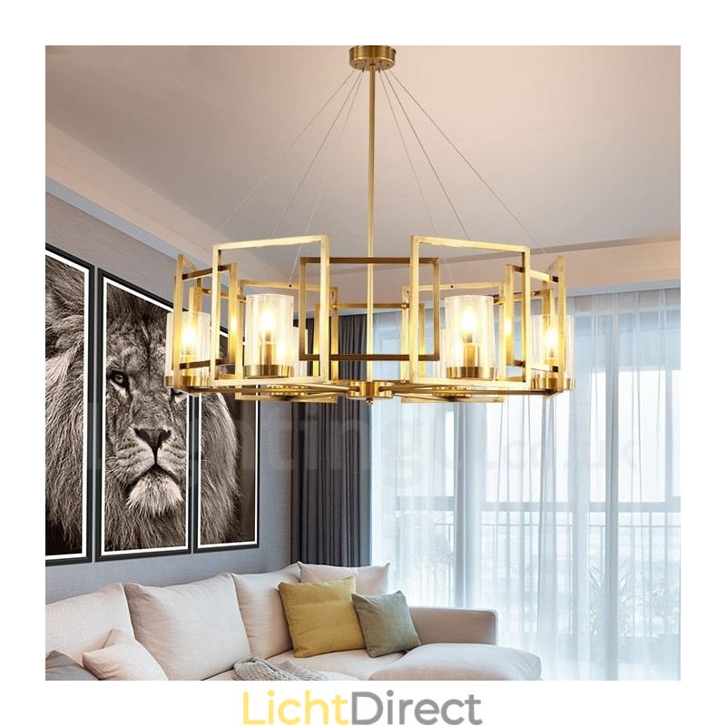 6-lichts retro rustieke luxe messing hanglamp kroonluchter met glazen kap