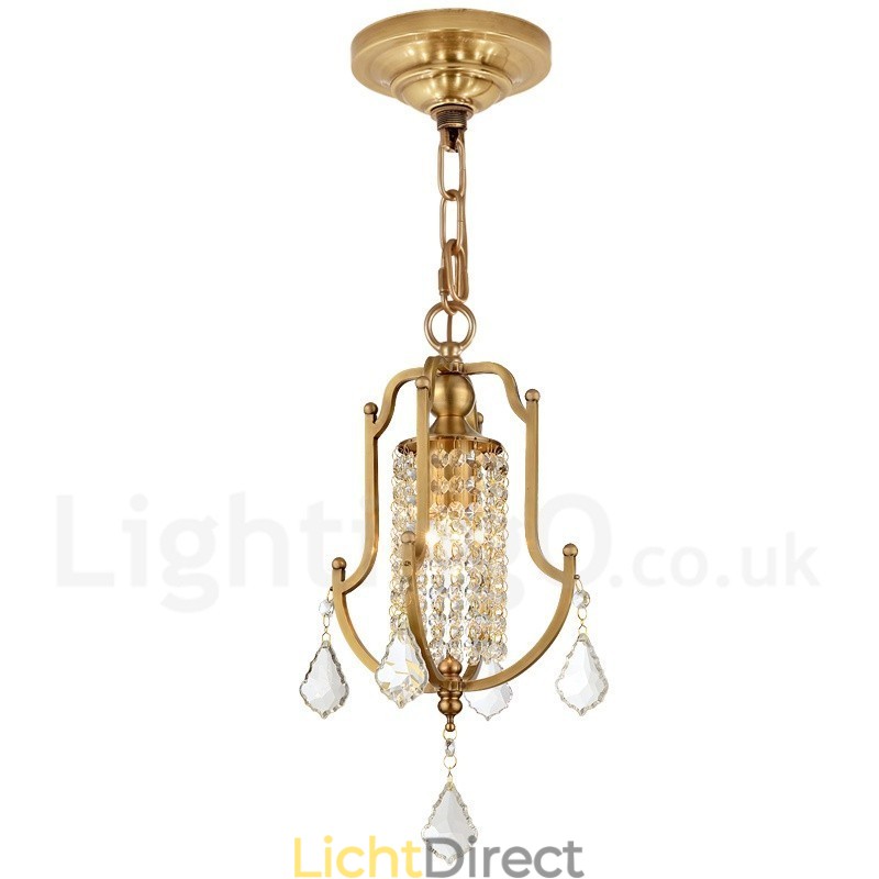 1-lichts retro rustieke luxe messing hanglamp kroonluchter met kristallen kap