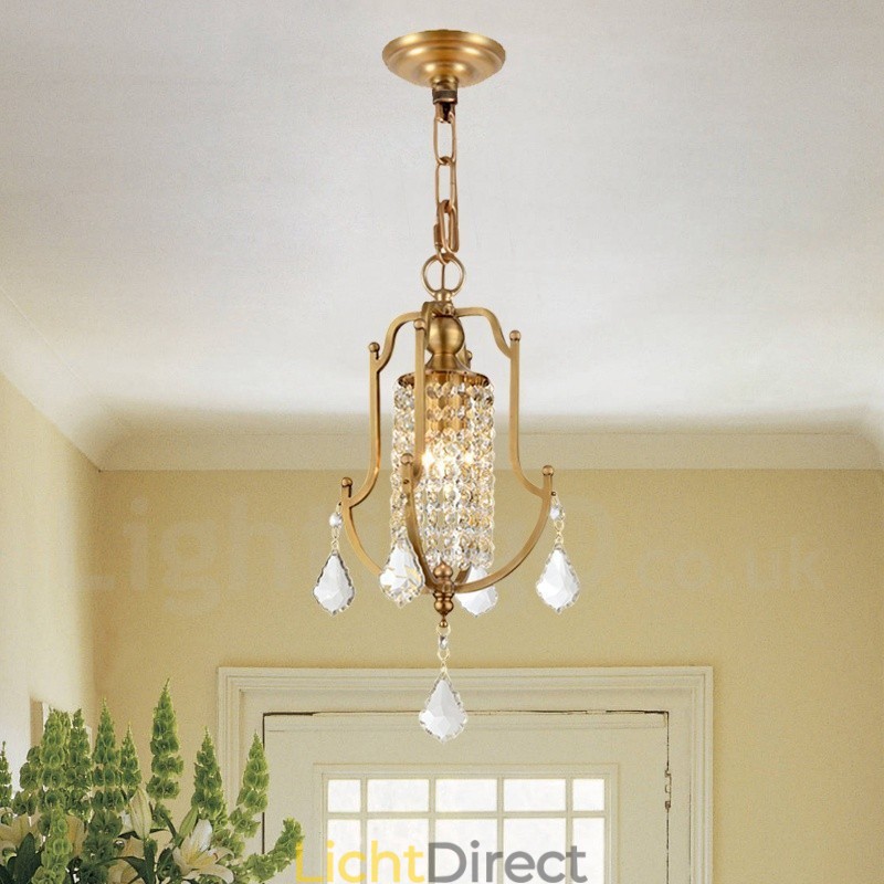 1-lichts retro rustieke luxe messing hanglamp kroonluchter met kristallen kap