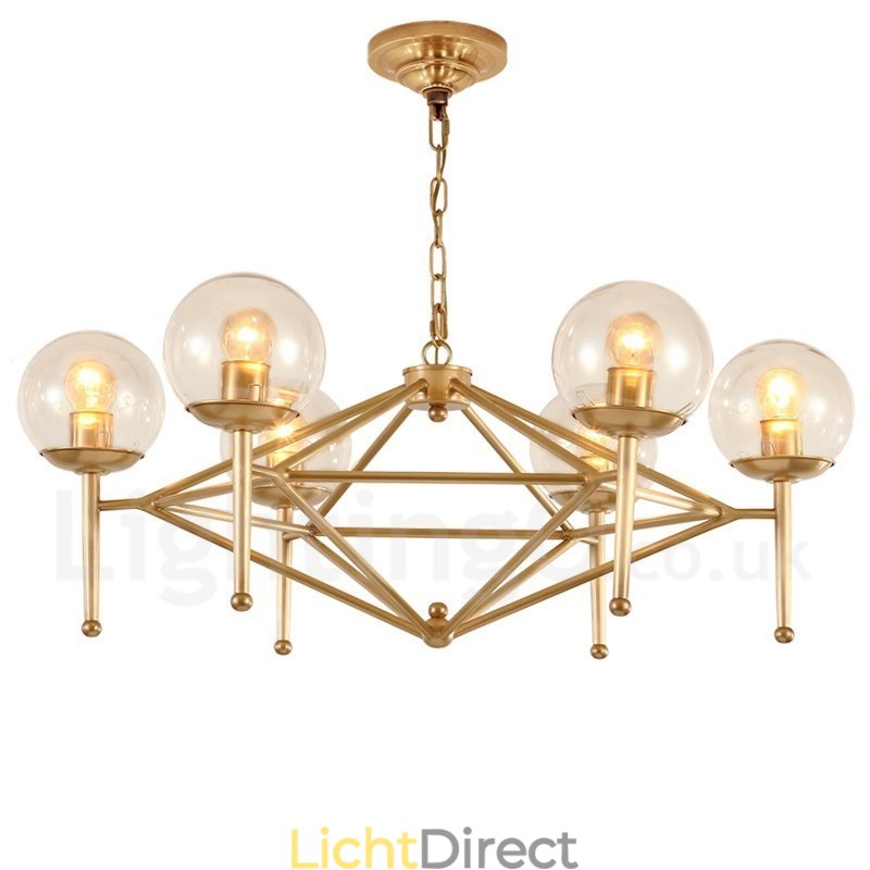 6-lichts retro rustieke luxe messing hanglamp kroonluchter met glazen kap