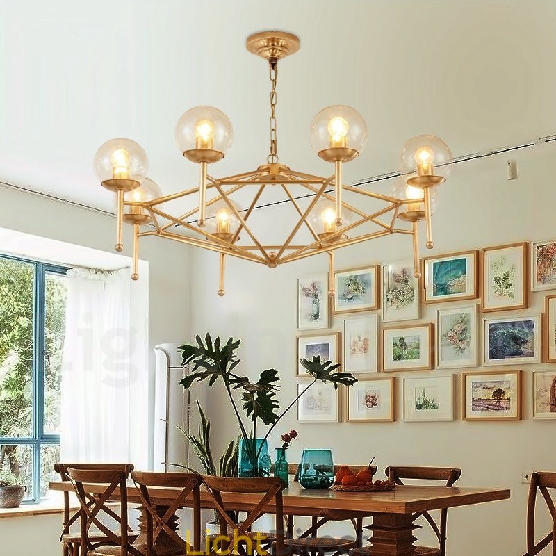 6-lichts retro rustieke luxe messing hanglamp kroonluchter met glazen kap