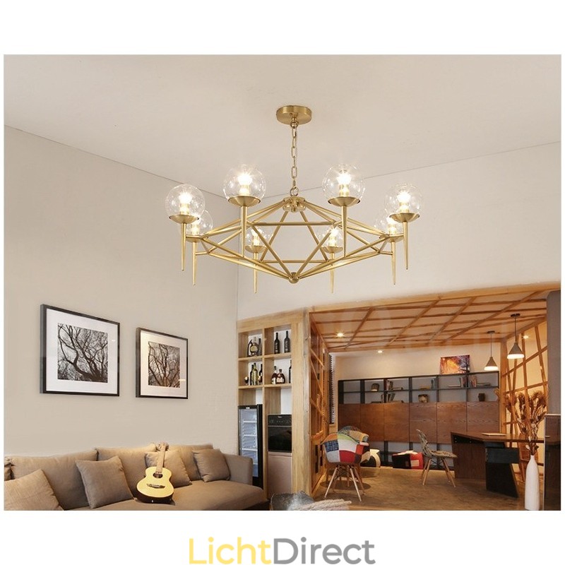 6-lichts retro rustieke luxe messing hanglamp kroonluchter met glazen kap