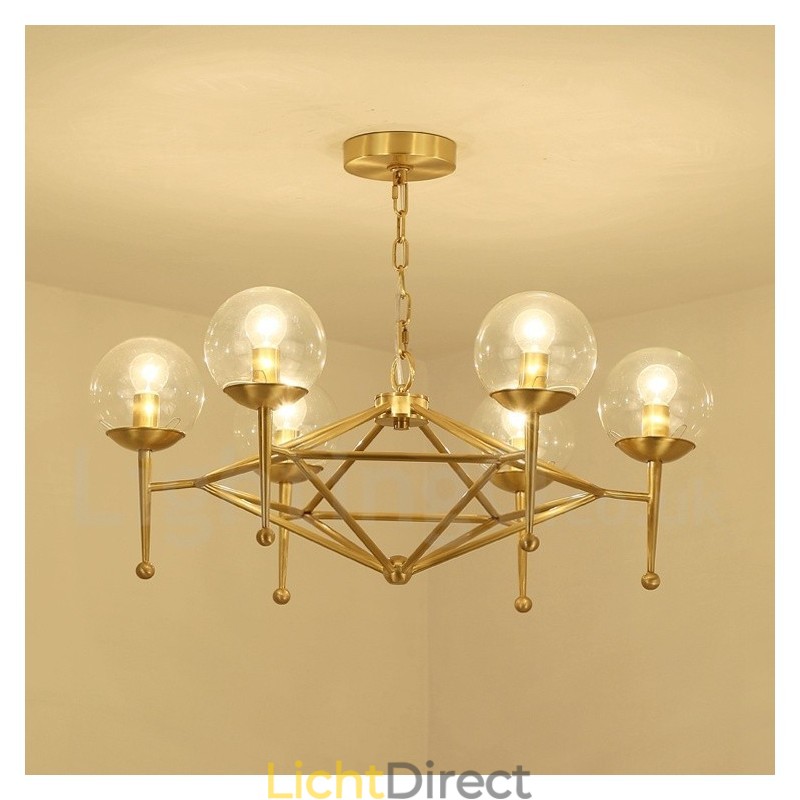 6-lichts retro rustieke luxe messing hanglamp kroonluchter met glazen kap