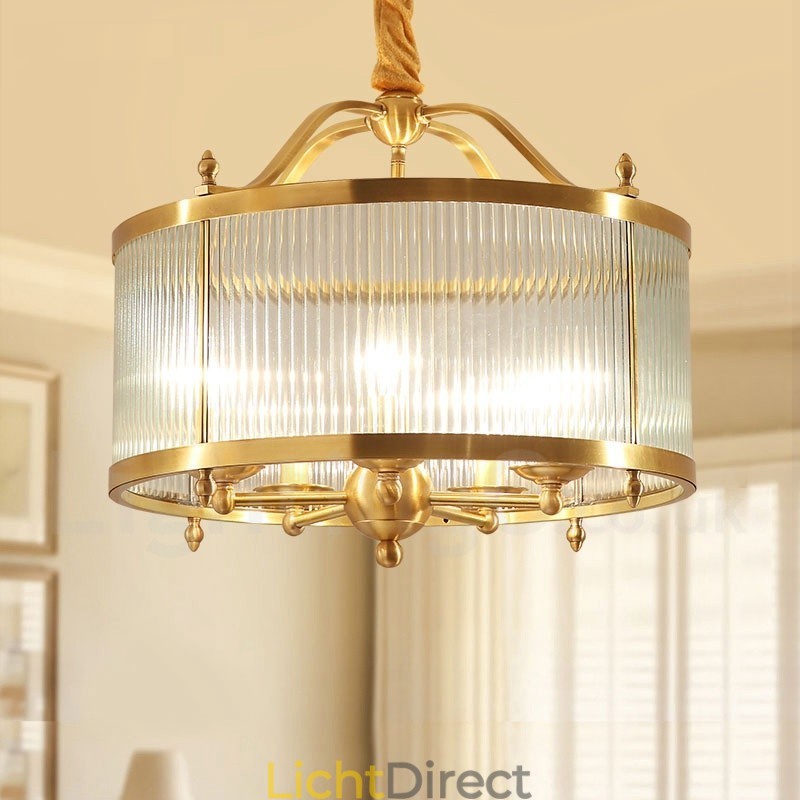 5-lichts retro rustieke luxe messing hanglamp kroonluchter met glazen kap