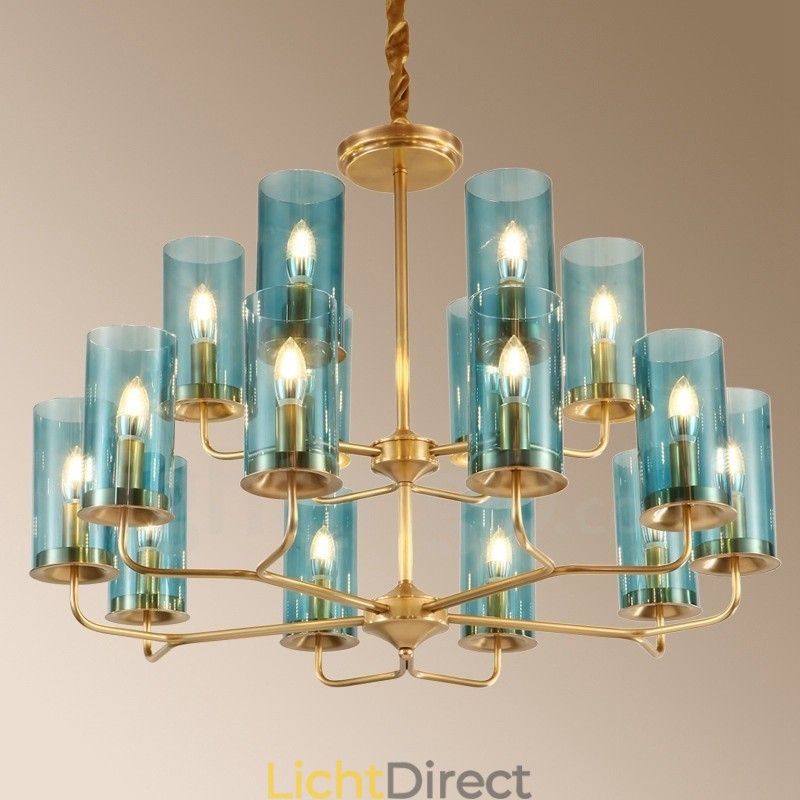16-lichts retro rustieke luxe messing hanglamp kroonluchter met glazen kap