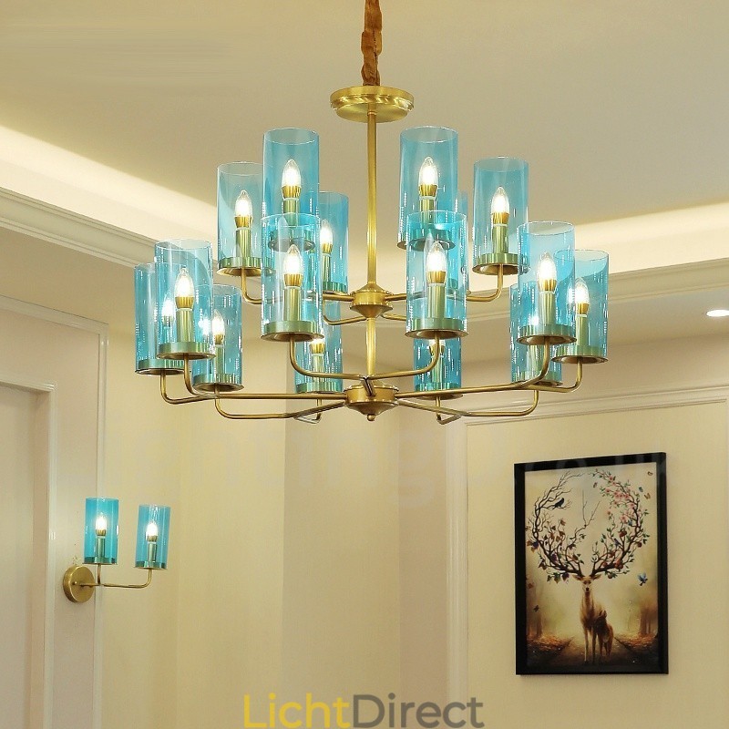 16-lichts retro rustieke luxe messing hanglamp kroonluchter met glazen kap