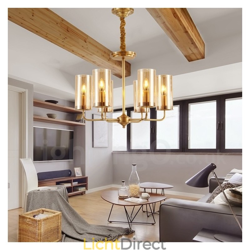 6-lichts retro rustieke luxe messing hanglamp kroonluchter met glazen kap