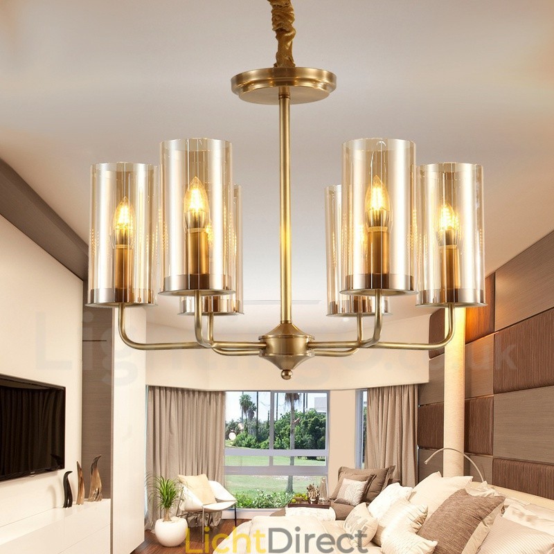 6-lichts retro rustieke luxe messing hanglamp kroonluchter met glazen kap