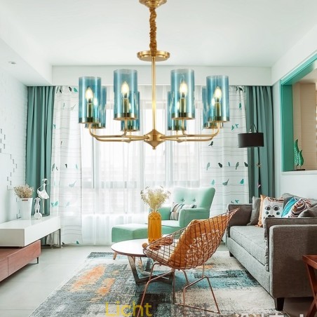 8-lichts retro rustieke luxe messing hanglamp kroonluchter met glazen kap