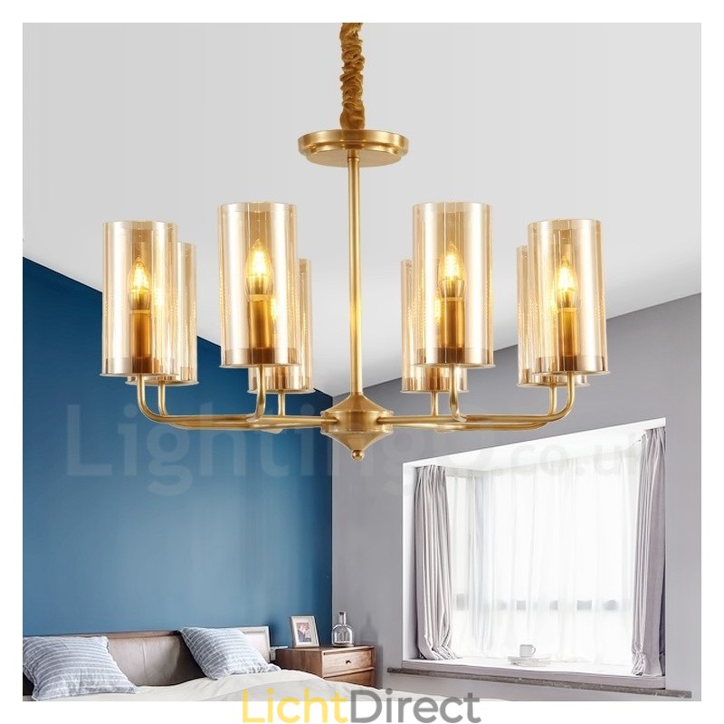 8-lichts retro rustieke luxe messing hanglamp kroonluchter met glazen kap