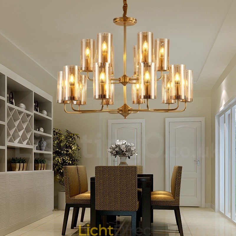 16-lichts retro rustieke luxe messing hanglamp kroonluchter met glazen kap