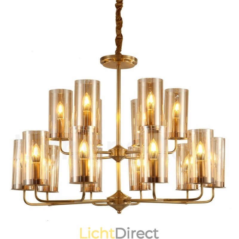 16-lichts retro rustieke luxe messing hanglamp kroonluchter met glazen kap