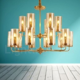 16-lichts retro rustieke luxe messing hanglamp kroonluchter met glazen kap