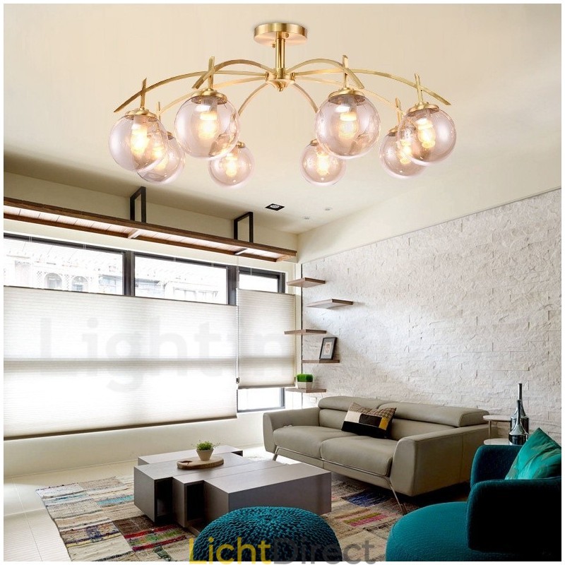 8-lichts retro rustieke luxe messing hanglamp kroonluchter met glazen kap