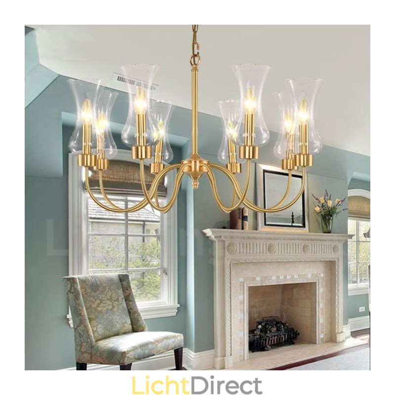8-lichts retro rustieke luxe messing hanglamp kroonluchter met glazen kap