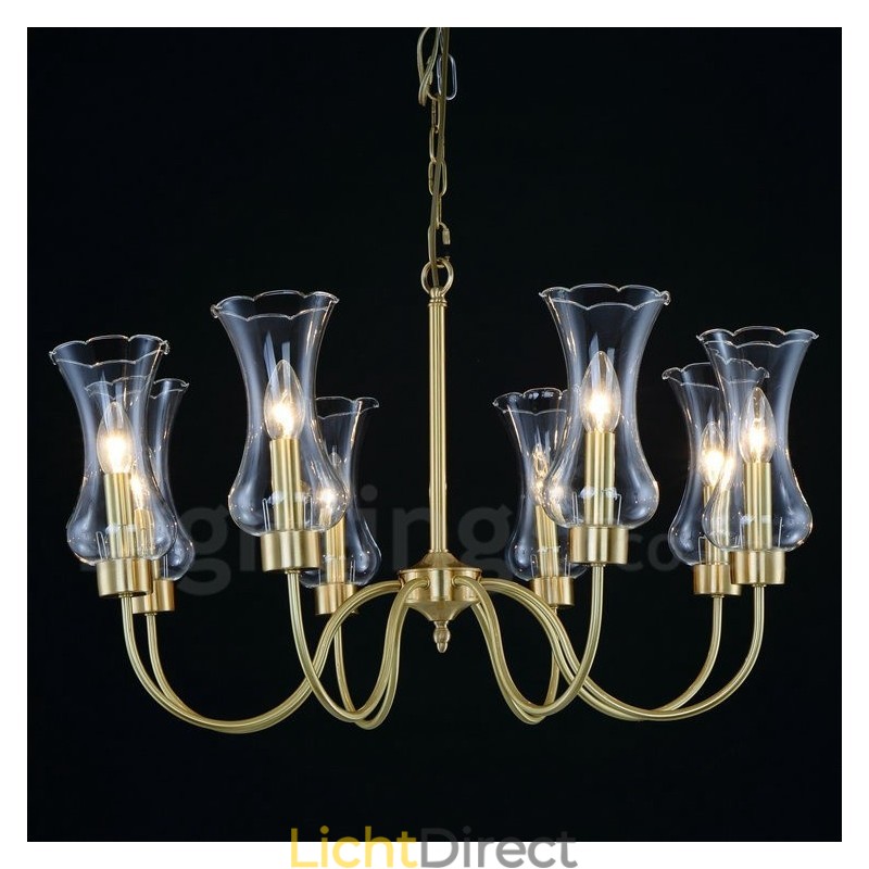 8-lichts retro rustieke luxe messing hanglamp kroonluchter met glazen kap