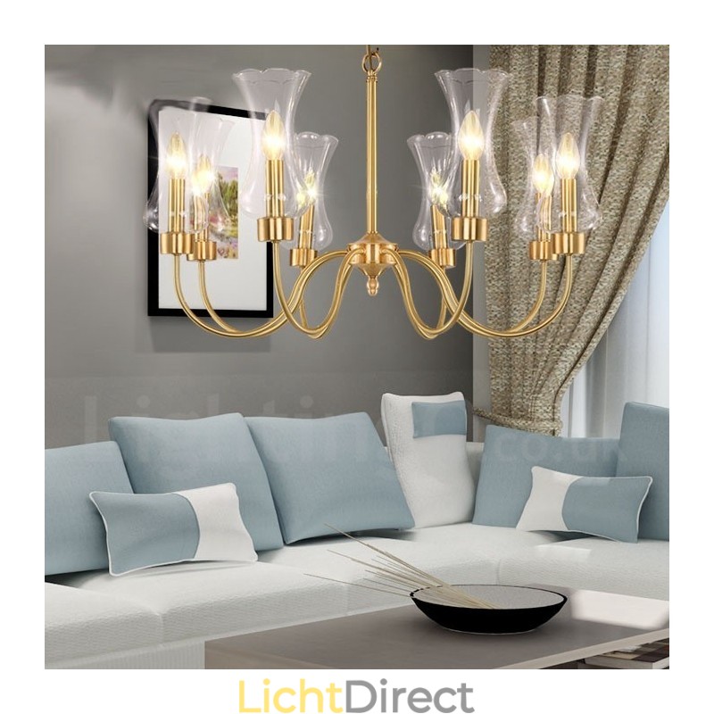 8-lichts retro rustieke luxe messing hanglamp kroonluchter met glazen kap