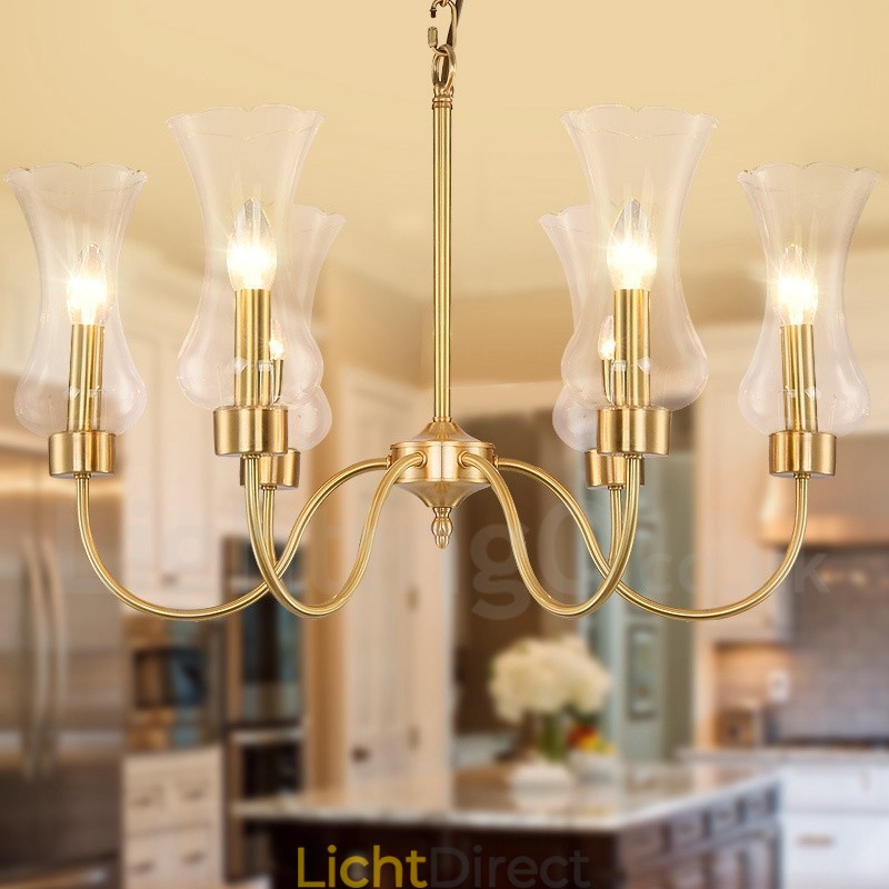 6-lichts retro rustieke luxe messing hanglamp kroonluchter met glazen kap
