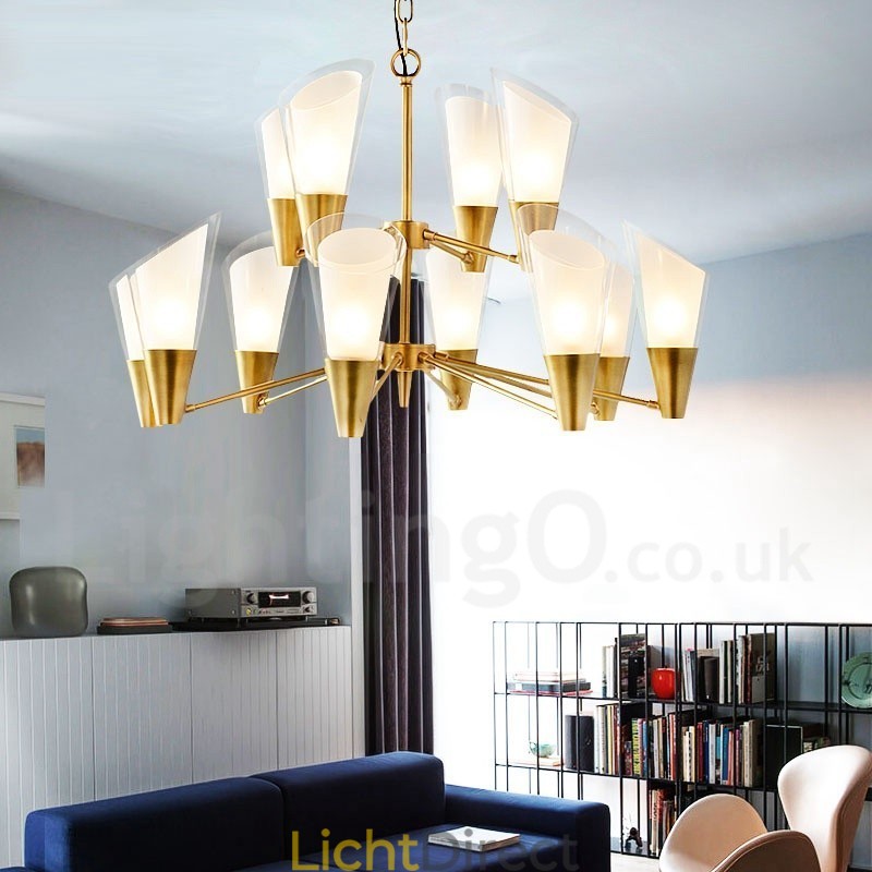 12 Licht Retro Rustieke Luxe Messing Hanglamp Kroonluchter met Glazen Kap