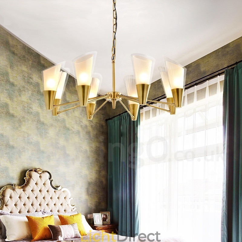 8-lichts retro rustieke luxe messing hanglamp kroonluchter met glazen kap