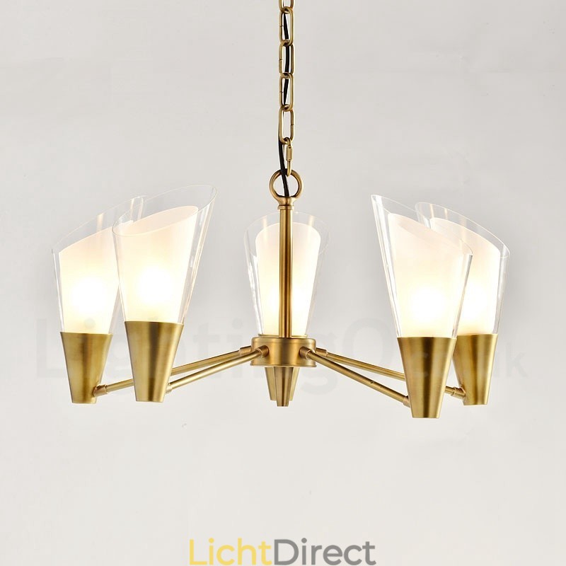 5-lichts retro rustieke luxe messing hanglamp kroonluchter met glazen kap