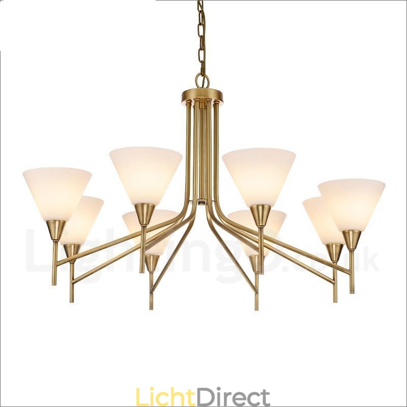 8-lichts retro rustieke luxe messing hanglamp kroonluchter met glazen kap