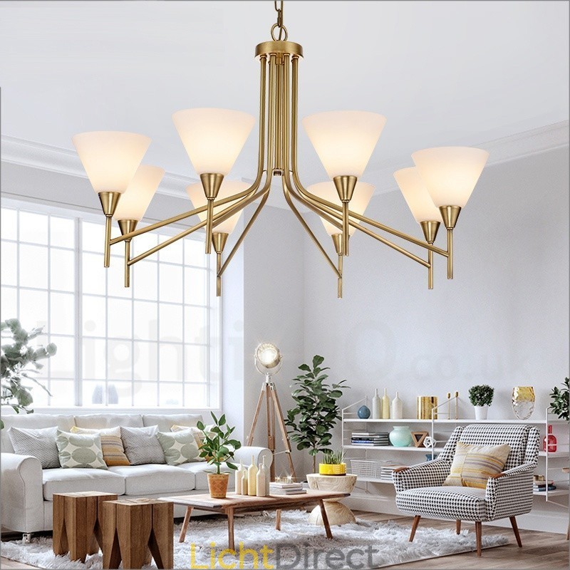 8-lichts retro rustieke luxe messing hanglamp kroonluchter met glazen kap
