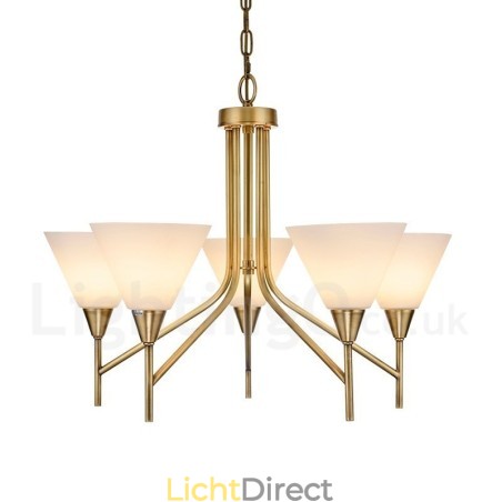 5-lichts retro rustieke luxe messing hanglamp kroonluchter met glazen kap
