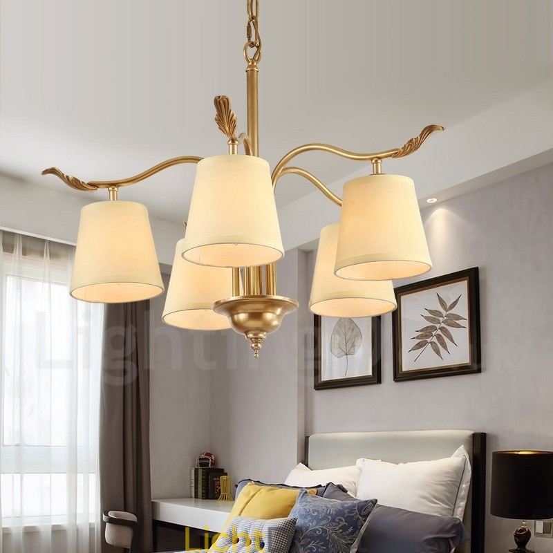 5-lichts retro rustieke luxe messing hanglamp kroonluchter met stoffen kap