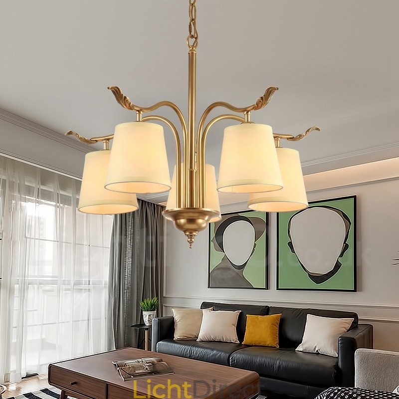 5-lichts retro rustieke luxe messing hanglamp kroonluchter met stoffen kap