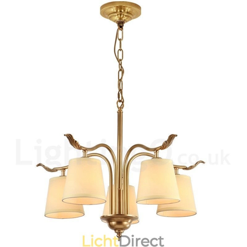 5-lichts retro rustieke luxe messing hanglamp kroonluchter met stoffen kap