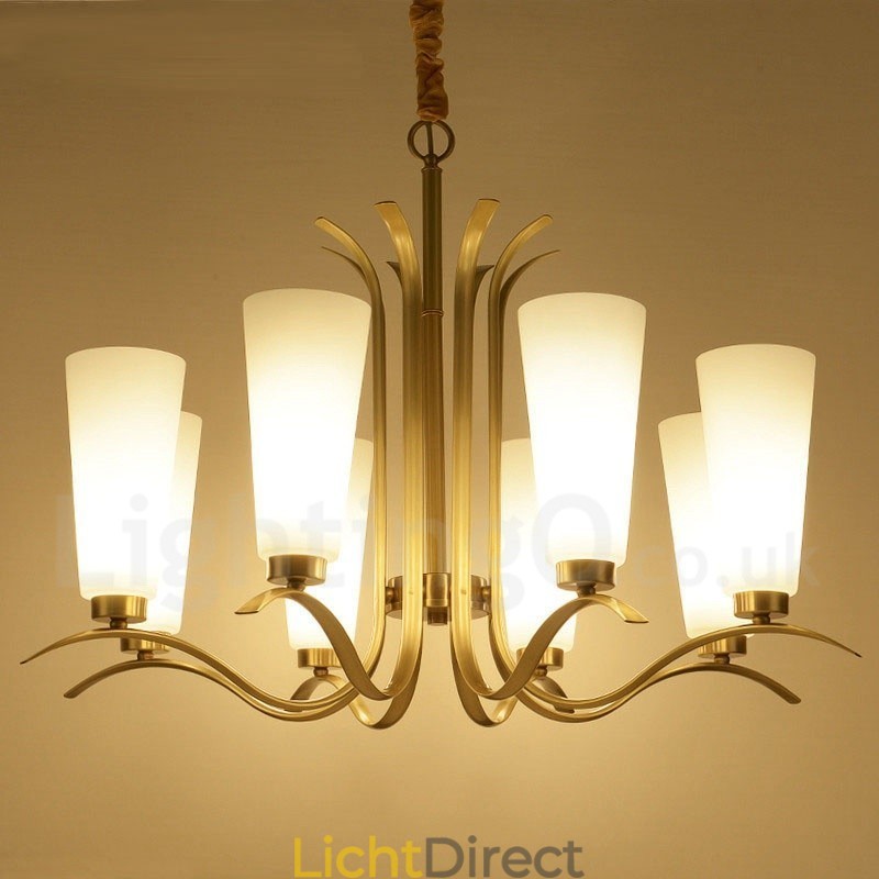 8-lichts retro rustieke luxe messing hanglamp kroonluchter met glazen kap