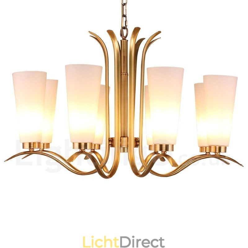 8-lichts retro rustieke luxe messing hanglamp kroonluchter met glazen kap