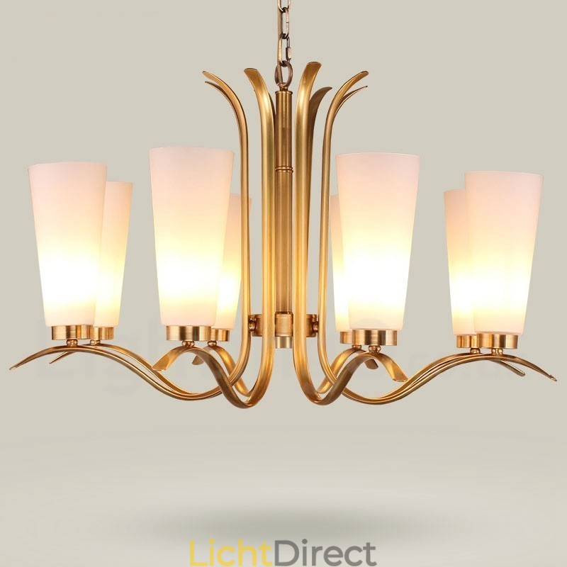 8-lichts retro rustieke luxe messing hanglamp kroonluchter met glazen kap