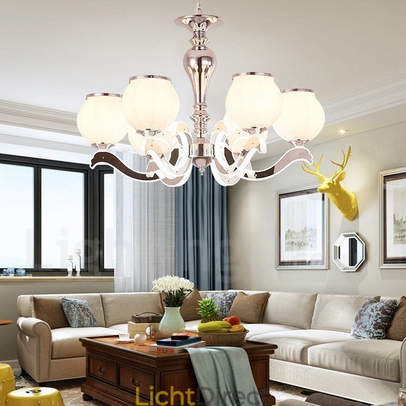 6-lichts moderne, eigentijdse luxe hanglamp kroonluchter met glazen kap