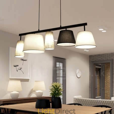 Moderne, eigentijdse hanglamp van staal met 5 lampen en stoffen kap Moderne, eigentijdse hanglamp van staal met 5 lampen en stoffen kap