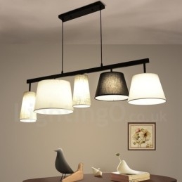 Moderne, eigentijdse hanglamp van staal met 5 lampen en stoffen kap
