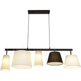 Moderne, eigentijdse hanglamp van staal met 5 lampen en stoffen kap