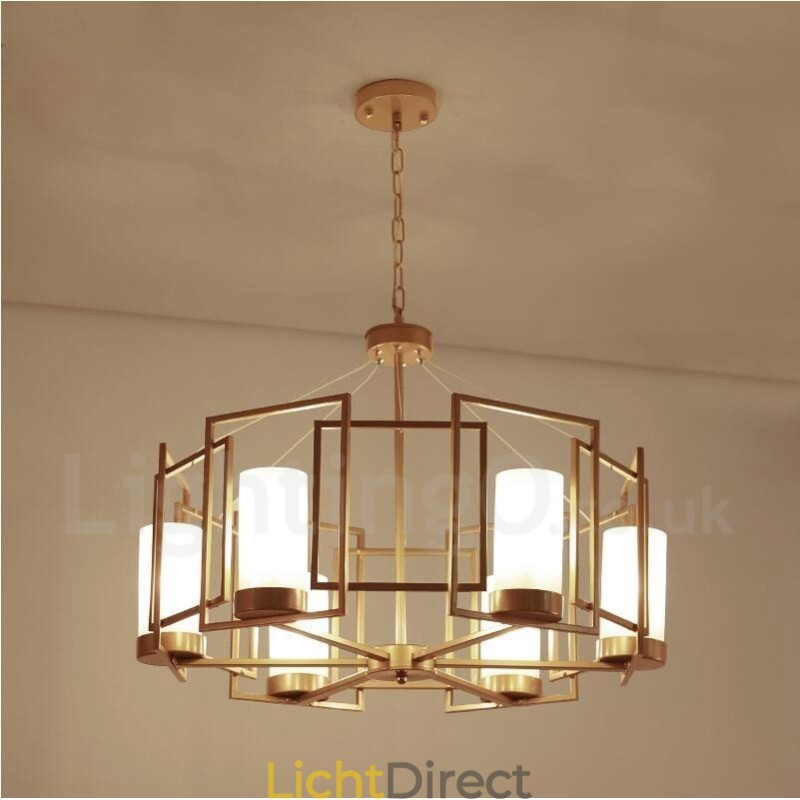 Moderne, eigentijdse hanglamp van messing met 6 lampen en glazen kap