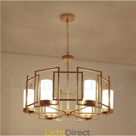 Moderne, eigentijdse hanglamp van messing met 6 lampen en glazen kap