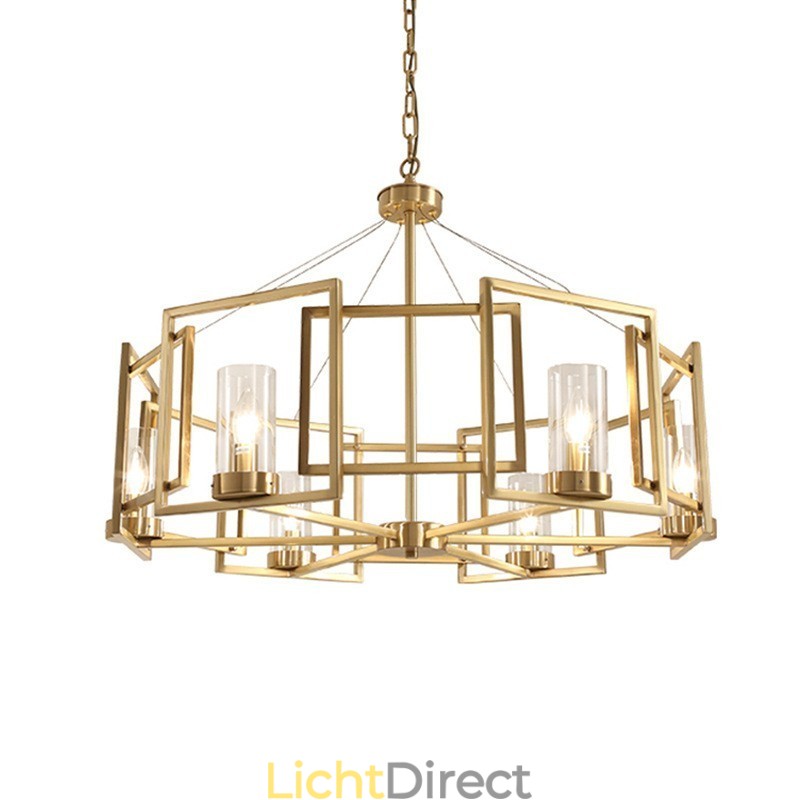 Moderne, eigentijdse hanglamp van messing met 6 lampen en glazen kap